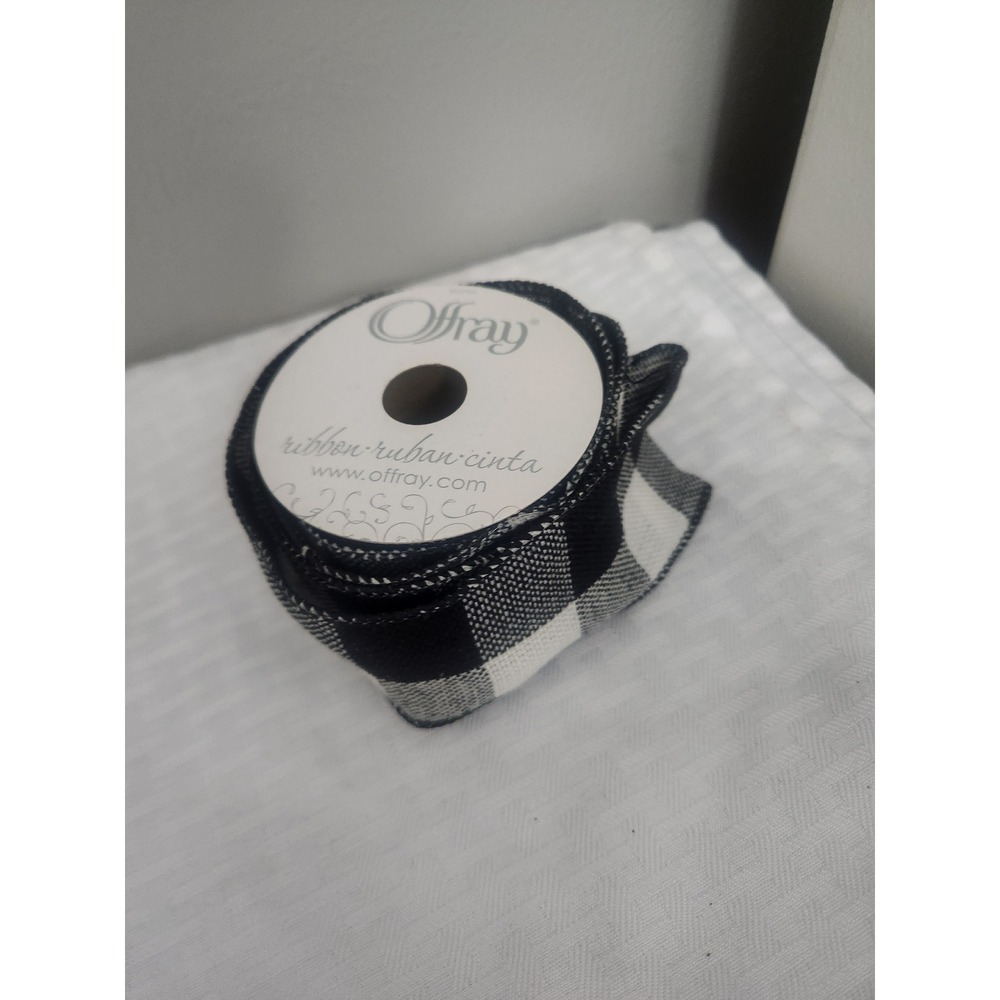Offray Black White Buffalo Plaid Ribbon Woven Checkered Crafting Partial Roll